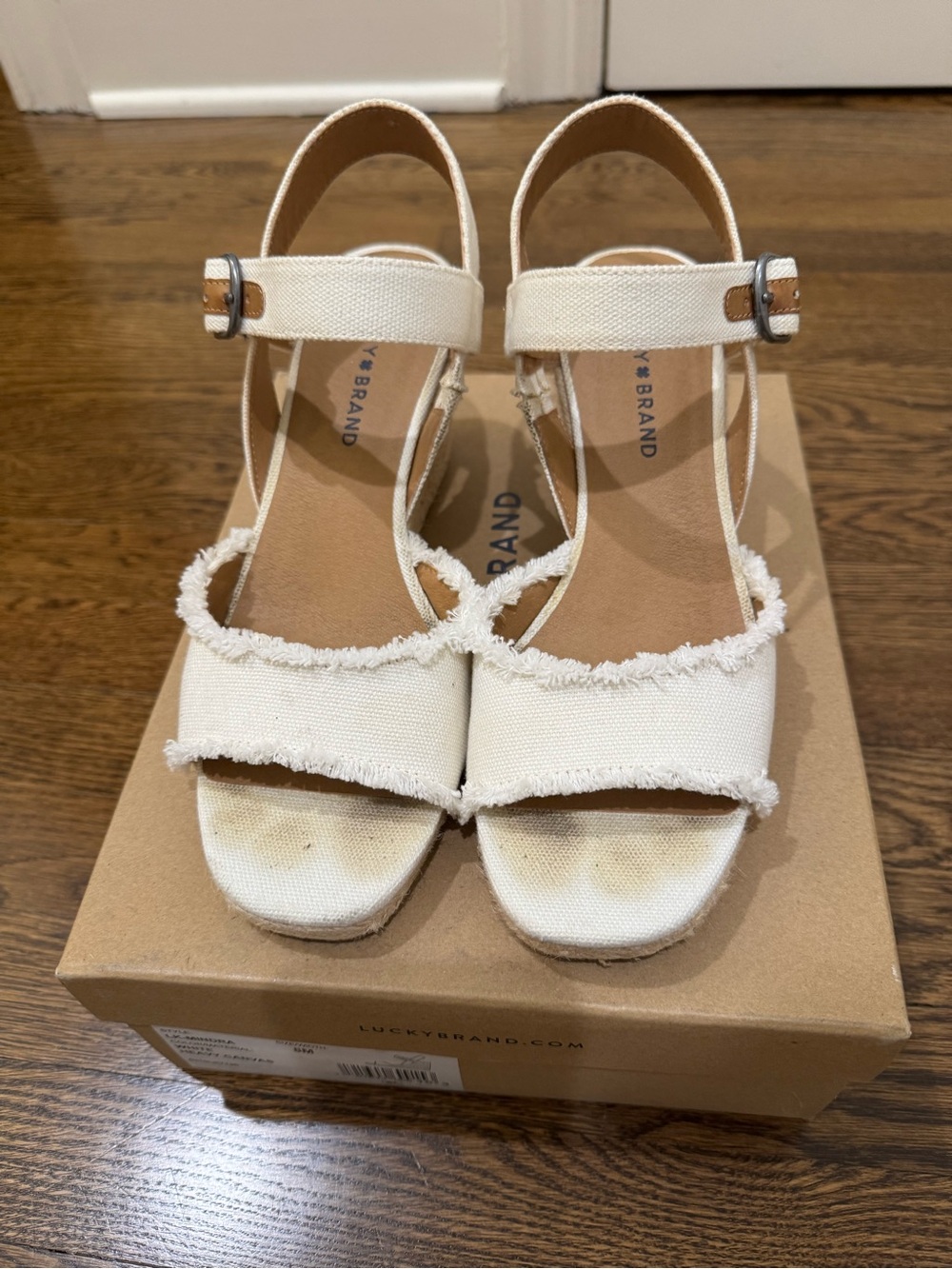 Lucky Brand Cream Frayed Canvas Wedge Sandals
